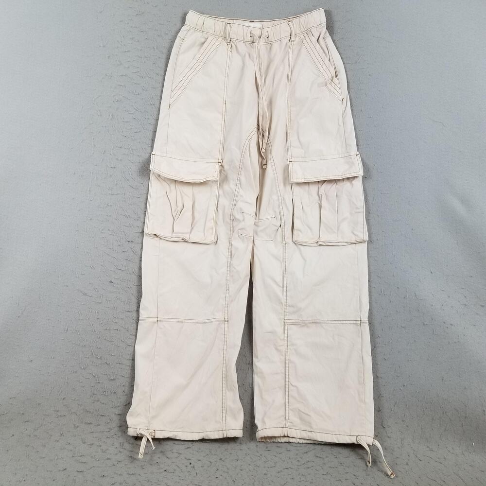 Zara Pants‎ Womens 6 Beige Cargo Wide Leg Elastic Waist Stretch Utility Pockets